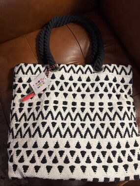 Woven Black & White Geometric Tote Bag